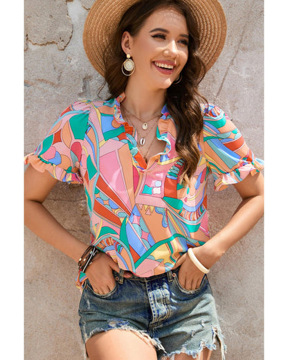 Azura Exchange Abstract Geometry Print Frilled V Neck Blouse - L