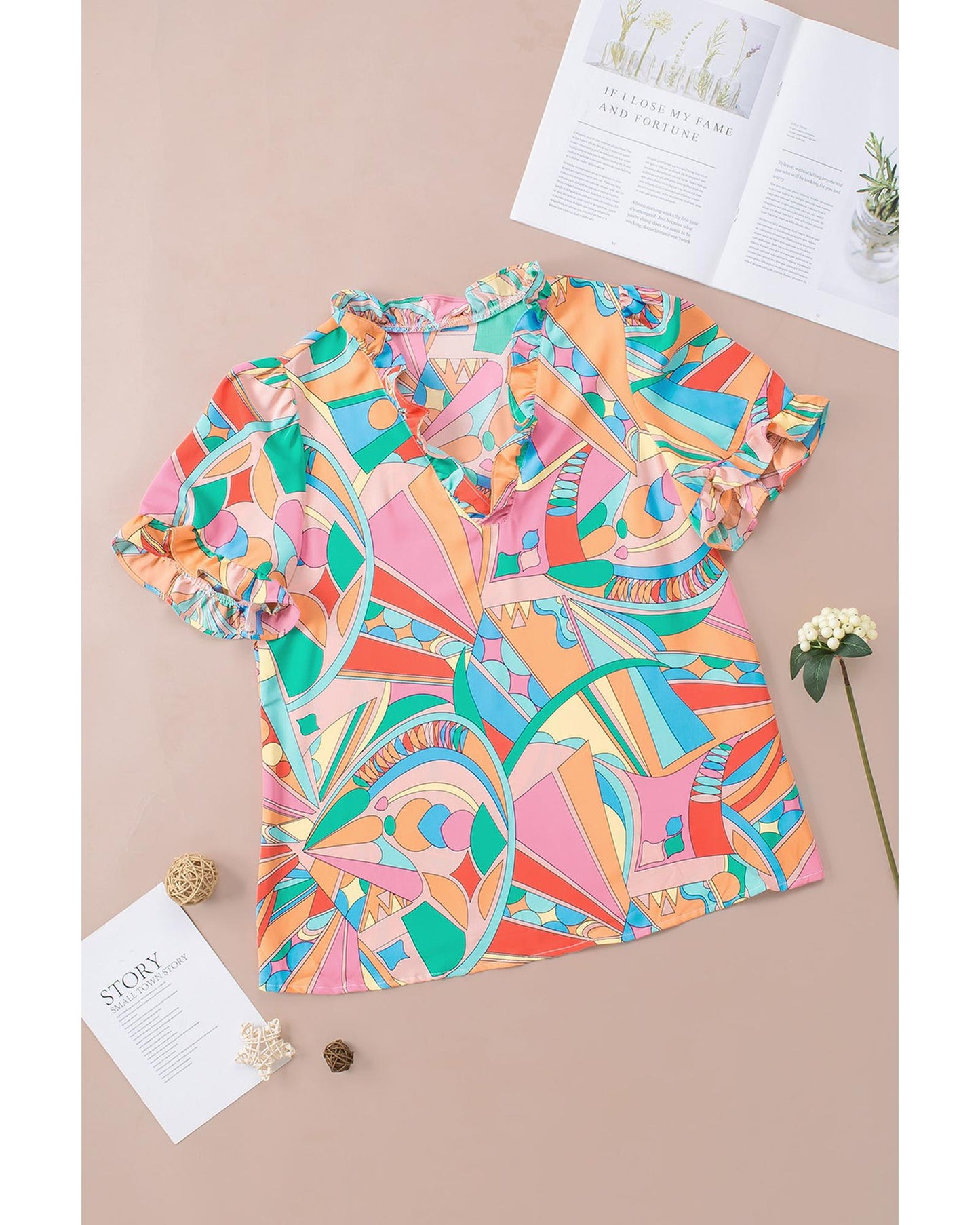 Azura Exchange Abstract Geometry Print Frilled V Neck Blouse - L