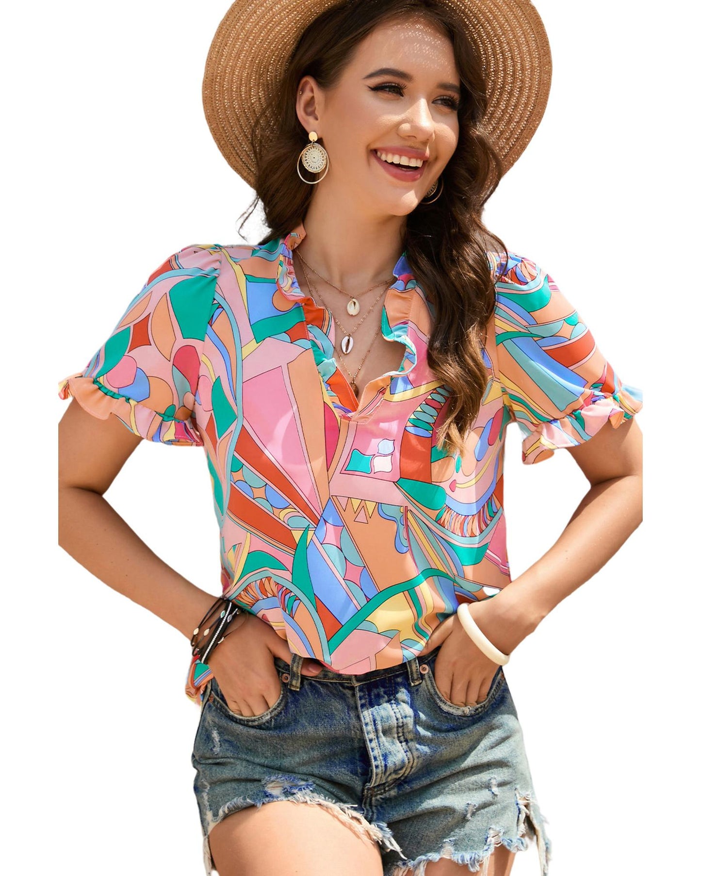 Azura Exchange Abstract Geometry Print Frilled V Neck Blouse - L