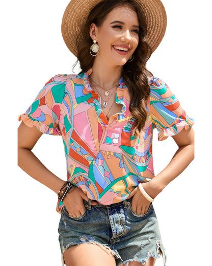 Azura Exchange Abstract Geometry Print Frilled V Neck Blouse - L