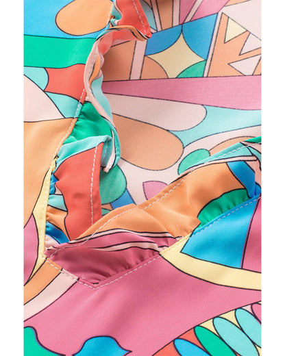 Azura Exchange Abstract Geometry Print Frilled V Neck Blouse - L