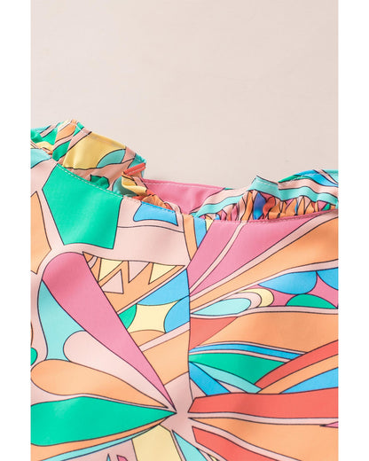 Azura Exchange Abstract Geometry Print Frilled V Neck Blouse - L