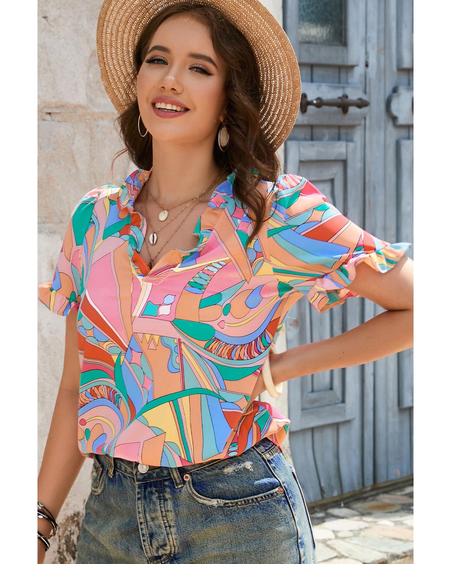 Azura Exchange Abstract Geometry Print Frilled V Neck Blouse - L