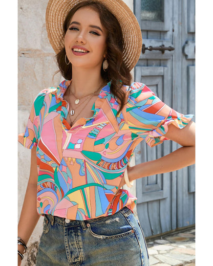 Azura Exchange Abstract Geometry Print Frilled V Neck Blouse - L