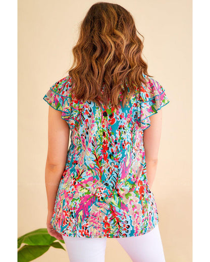 Azura Exchange Abstract Print Tiered Ruffled V Neck Blouse - M