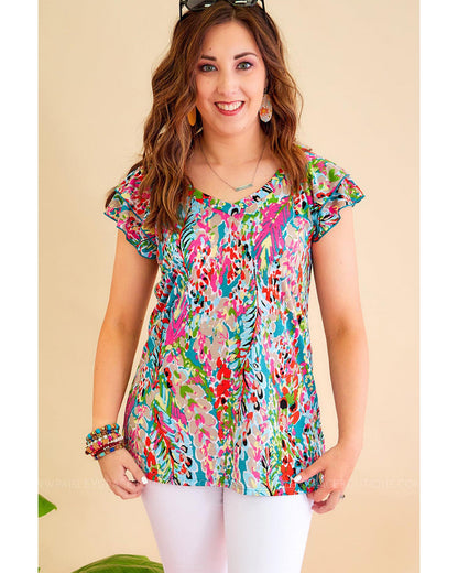 Azura Exchange Abstract Print Tiered Ruffled V Neck Blouse - M