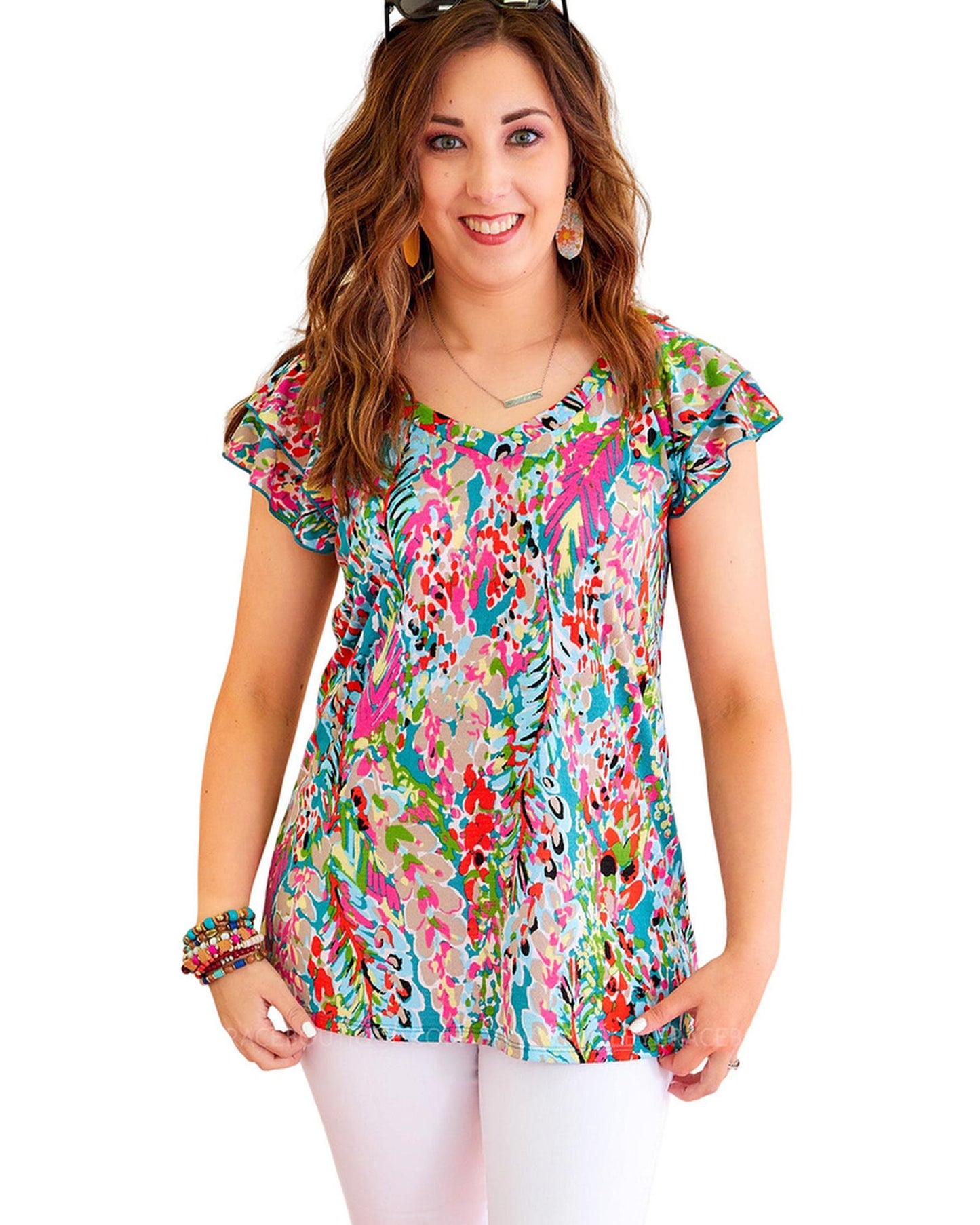 Azura Exchange Abstract Print Tiered Ruffled V Neck Blouse - M