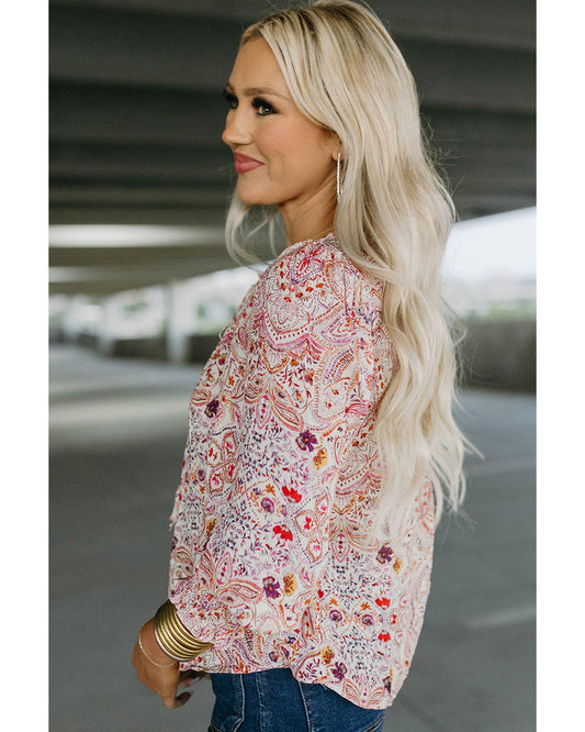 Azura Exchange Boho Print Shirred Cuffs Blouse - S