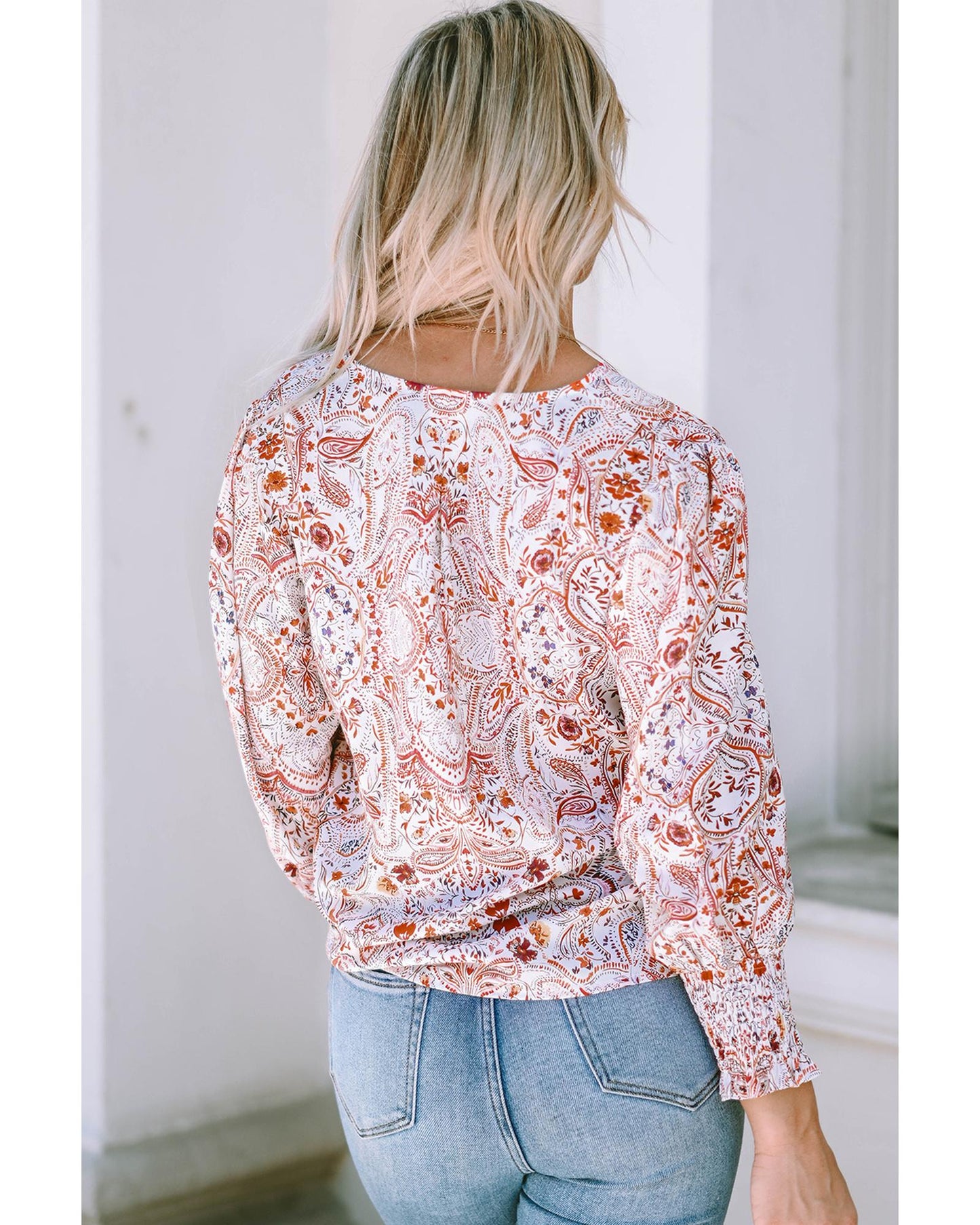 Azura Exchange Boho Print Shirred Cuffs Blouse - S