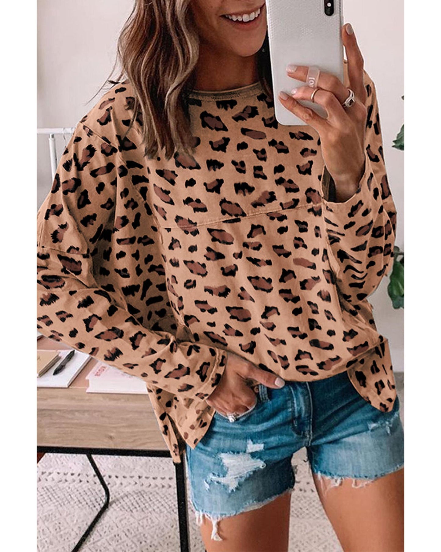 Azura Exchange Animal Print Stitching Loose Long Sleeve Top - L