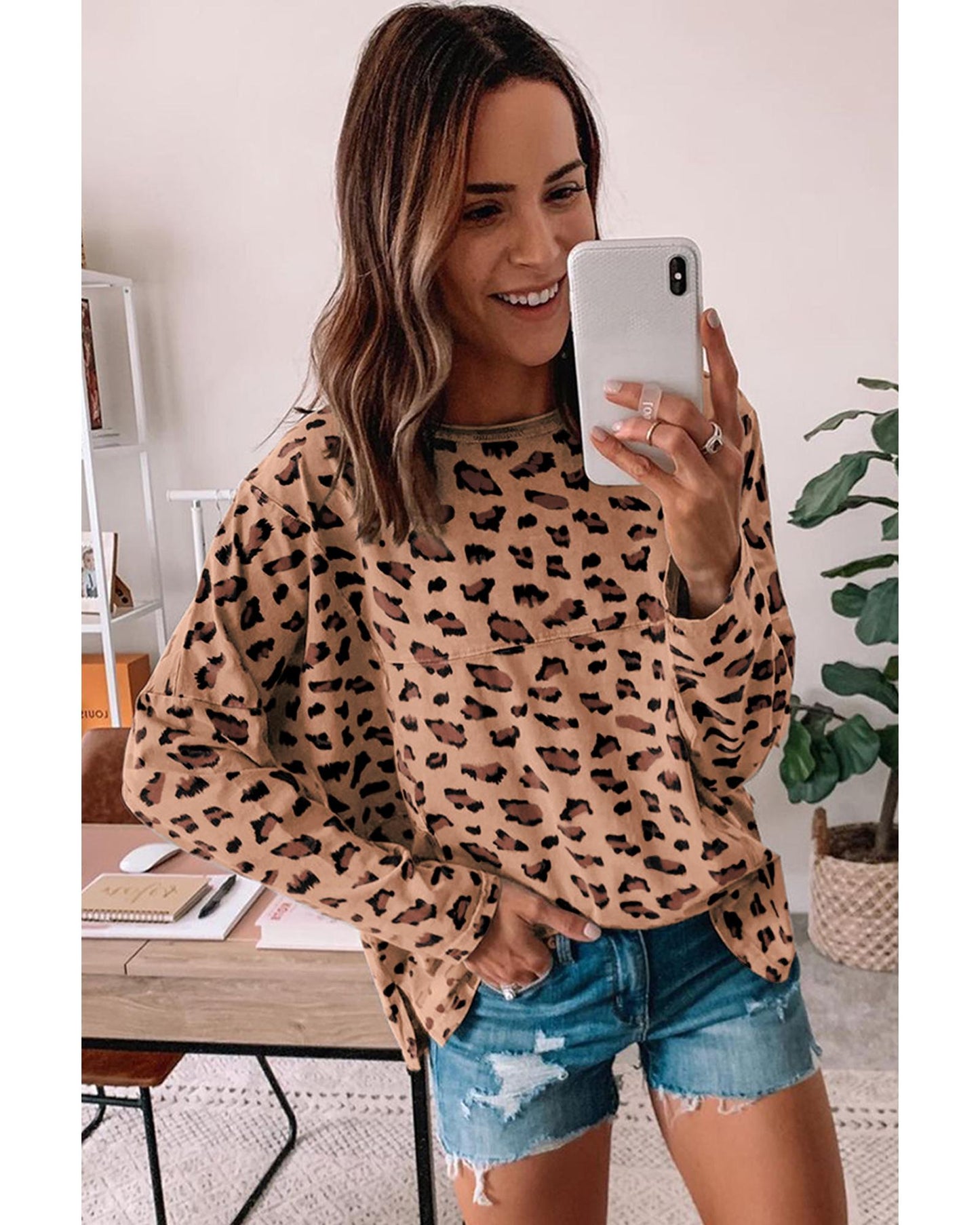 Azura Exchange Animal Print Stitching Loose Long Sleeve Top - L
