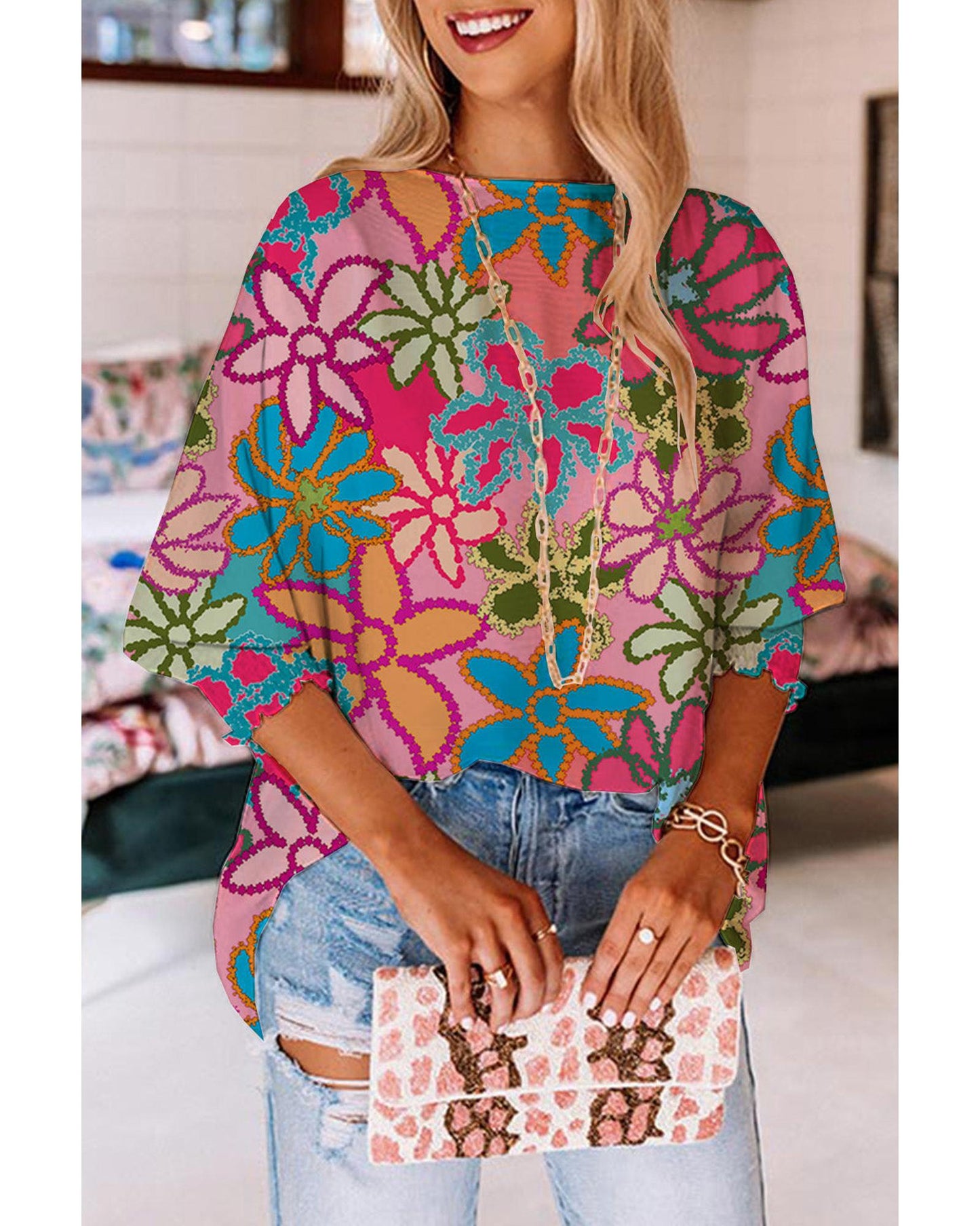 Azura Exchange Bracelet Sleeve Floral Print Blouse - S