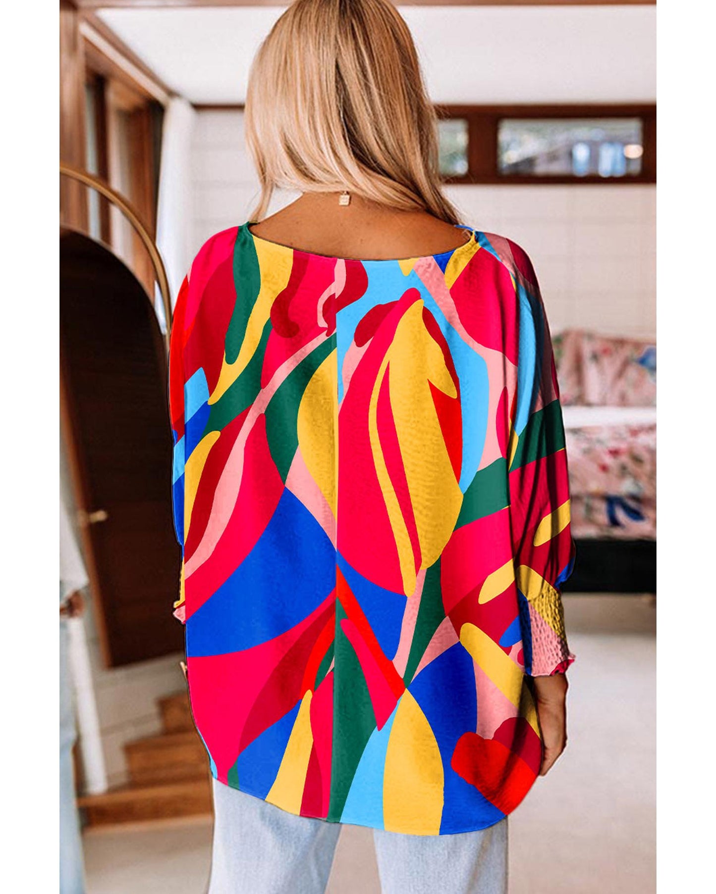 Azura Exchange Abstract Print Smocked Puff Sleeve Blouse - M