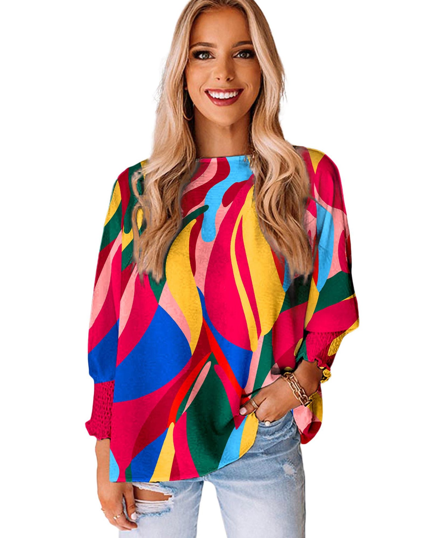 Azura Exchange Abstract Print Smocked Puff Sleeve Blouse - M