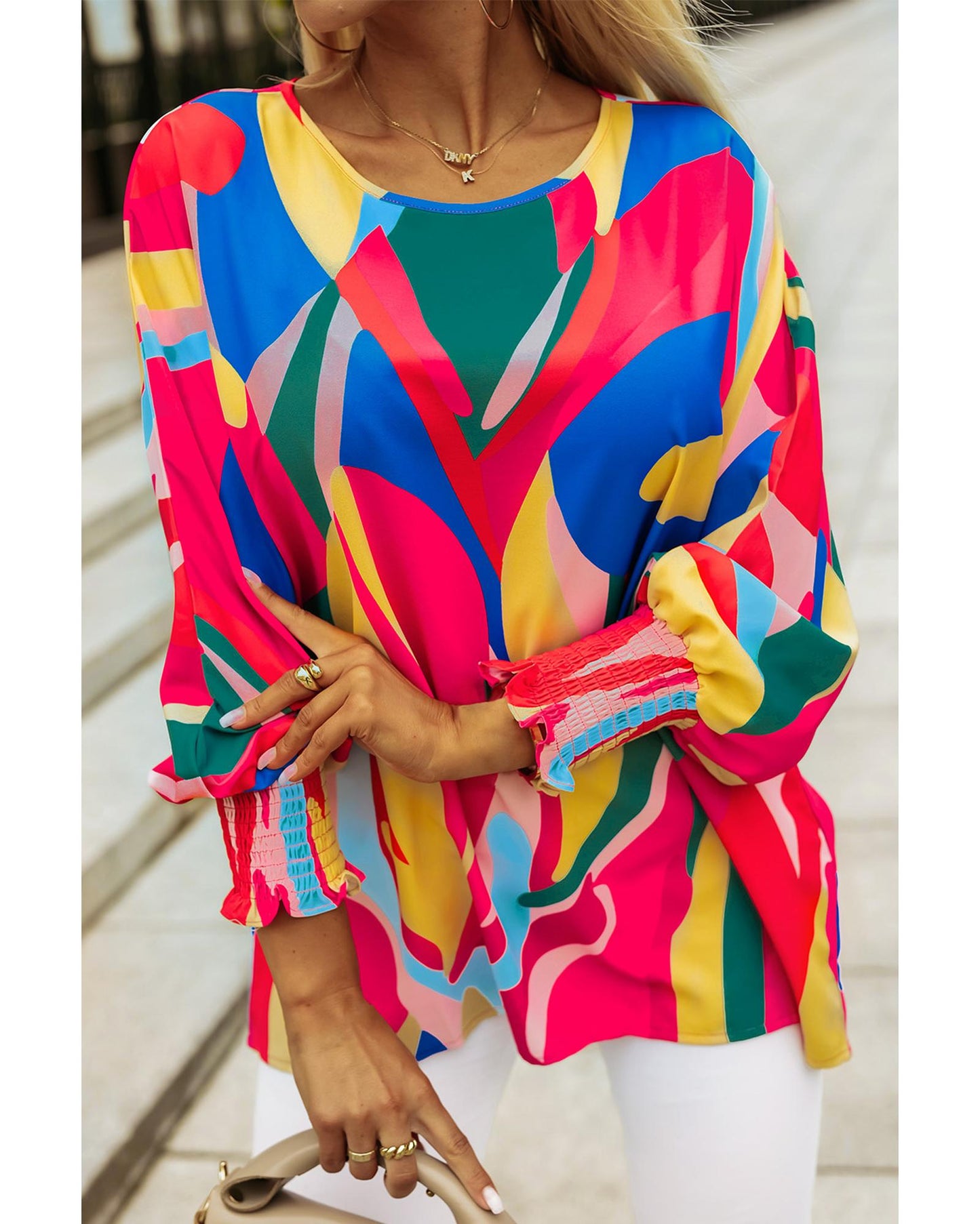 Azura Exchange Abstract Print Smocked Puff Sleeve Blouse - M