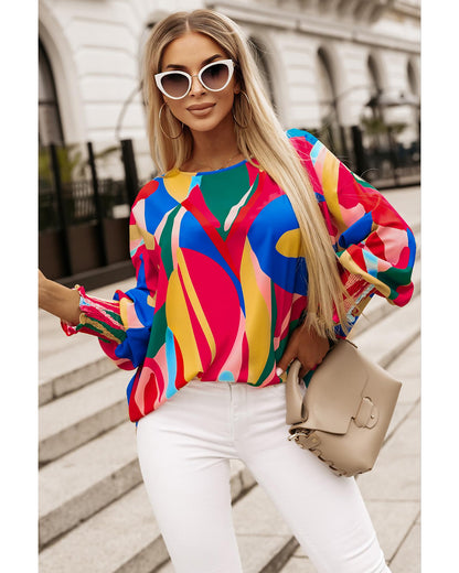 Azura Exchange Abstract Print Smocked Puff Sleeve Blouse - M