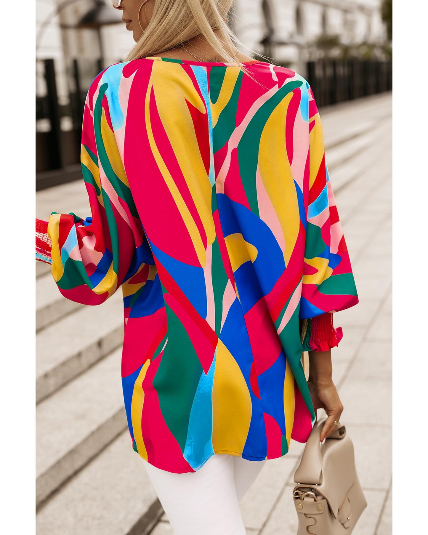 Azura Exchange Abstract Print Smocked Puff Sleeve Blouse - M