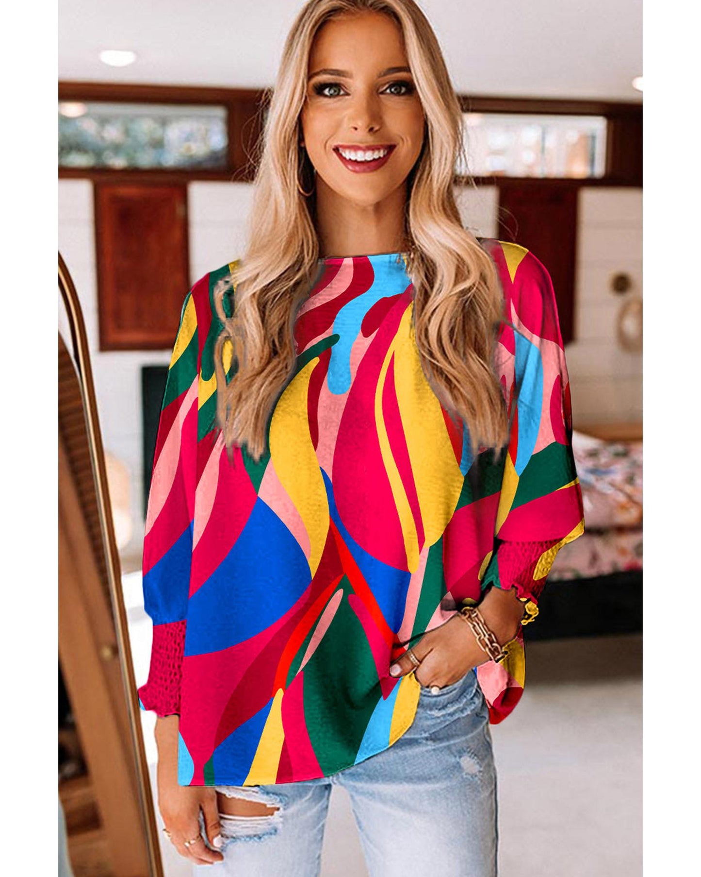 Azura Exchange Abstract Print Smocked Puff Sleeve Blouse - S