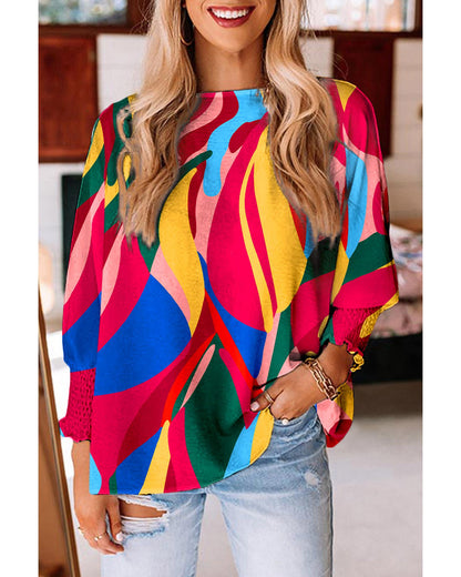 Azura Exchange Abstract Print Smocked Puff Sleeve Blouse - S