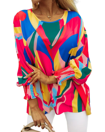 Azura Exchange Abstract Print Smocked Puff Sleeve Blouse - S