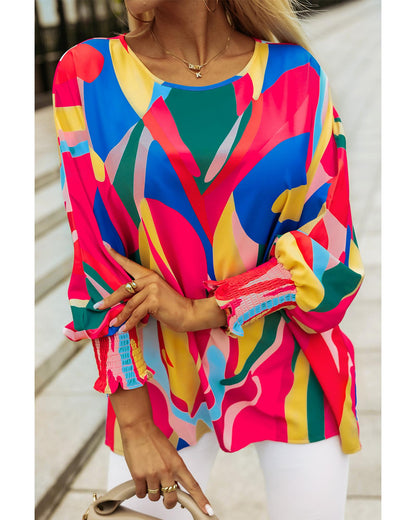 Azura Exchange Abstract Print Smocked Puff Sleeve Blouse - S