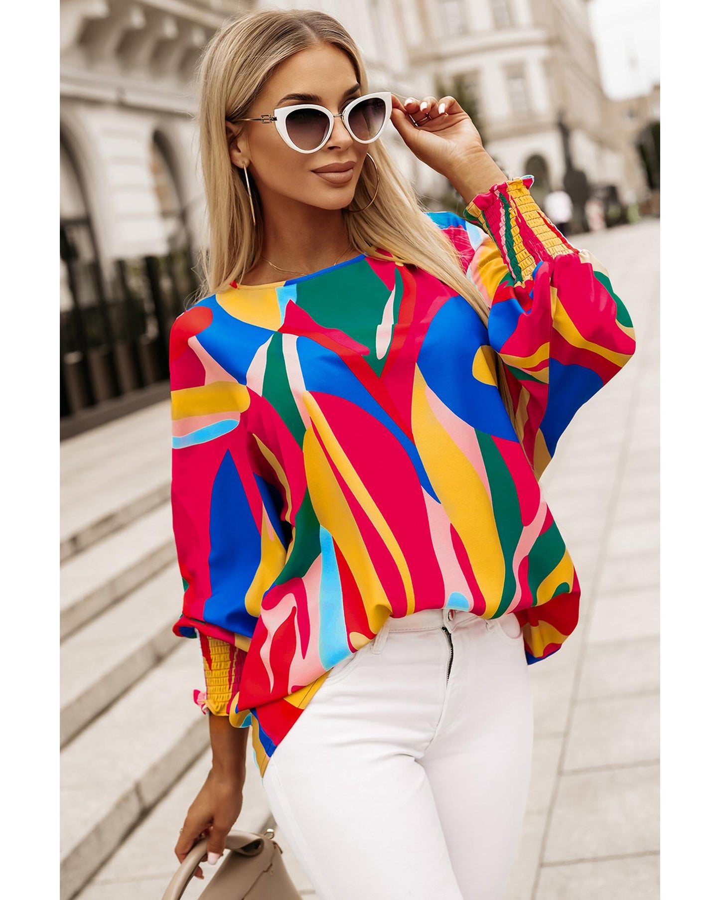 Azura Exchange Abstract Print Smocked Puff Sleeve Blouse - S