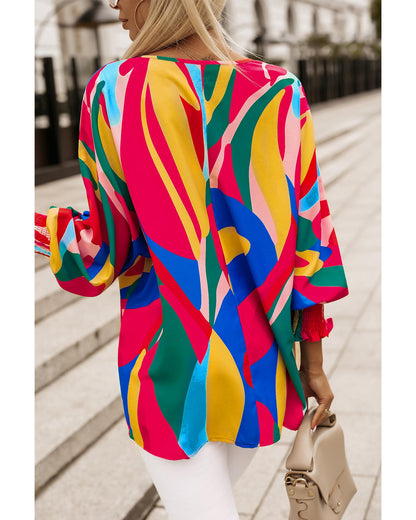 Azura Exchange Abstract Print Smocked Puff Sleeve Blouse - S