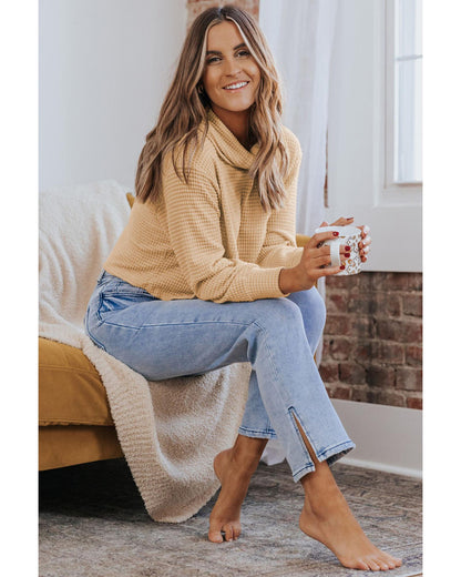 Azura Exchange Apricot Waffle Knit Turtleneck Top - S