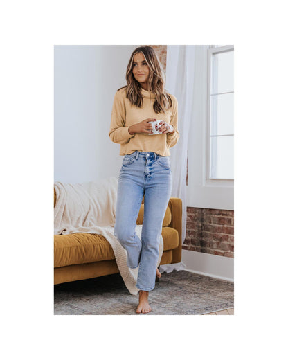 Azura Exchange Apricot Waffle Knit Turtleneck Top - S