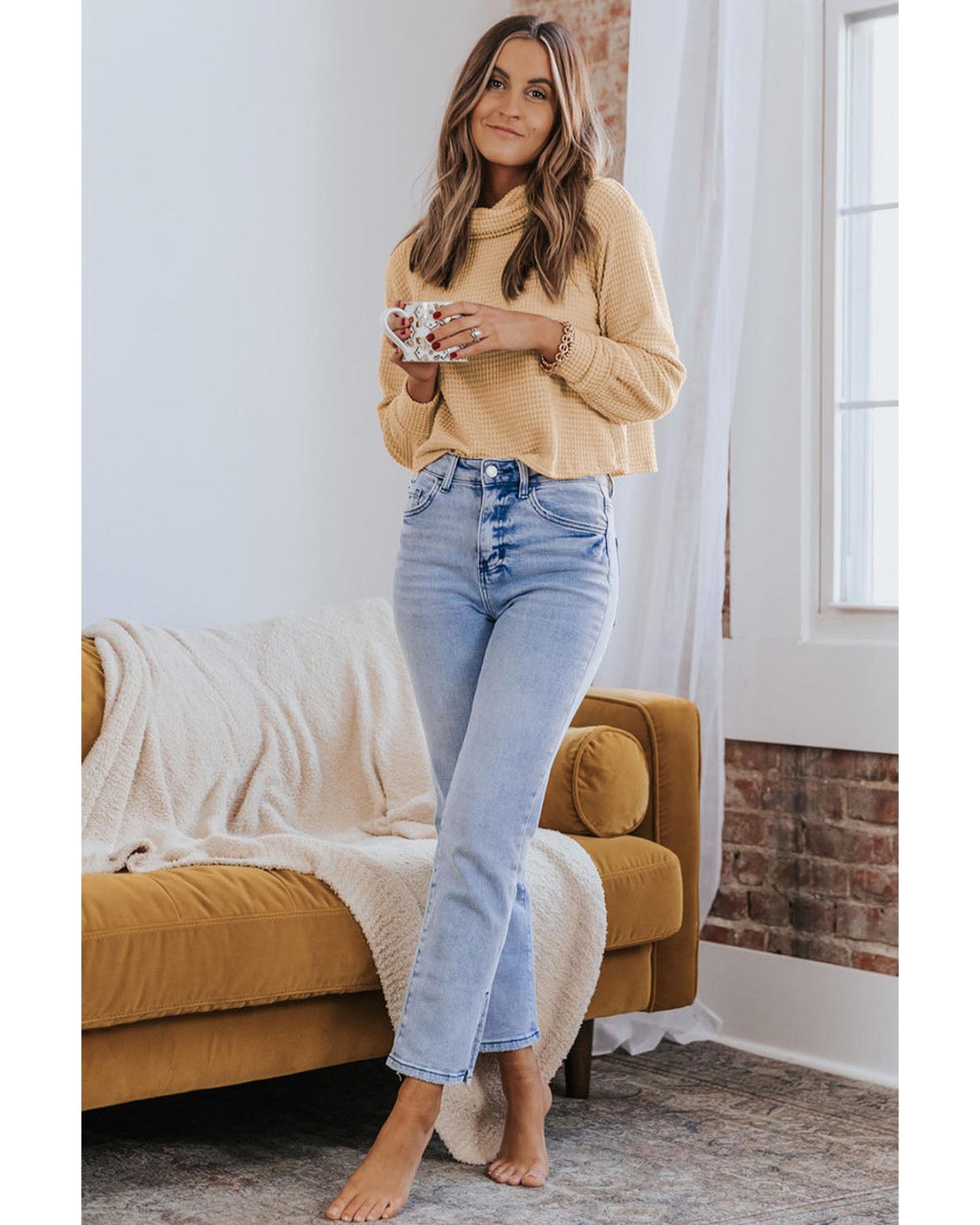 Azura Exchange Apricot Waffle Knit Turtleneck Top - S