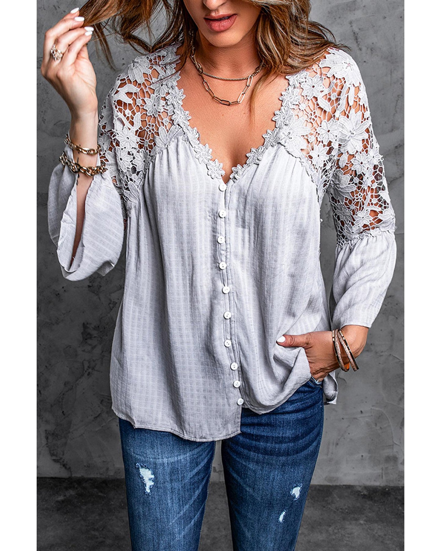 Azura Exchange Button Crochet Lace Top - 2XL