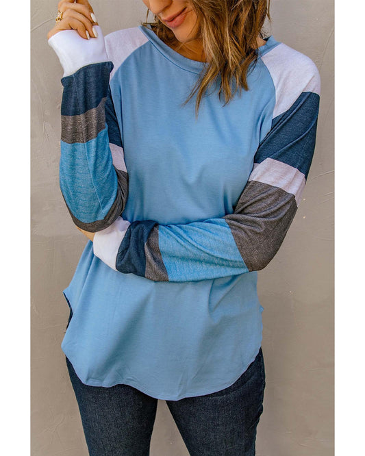 Azura Exchange Blue Color Block Long Sleeves Pullover Top - L