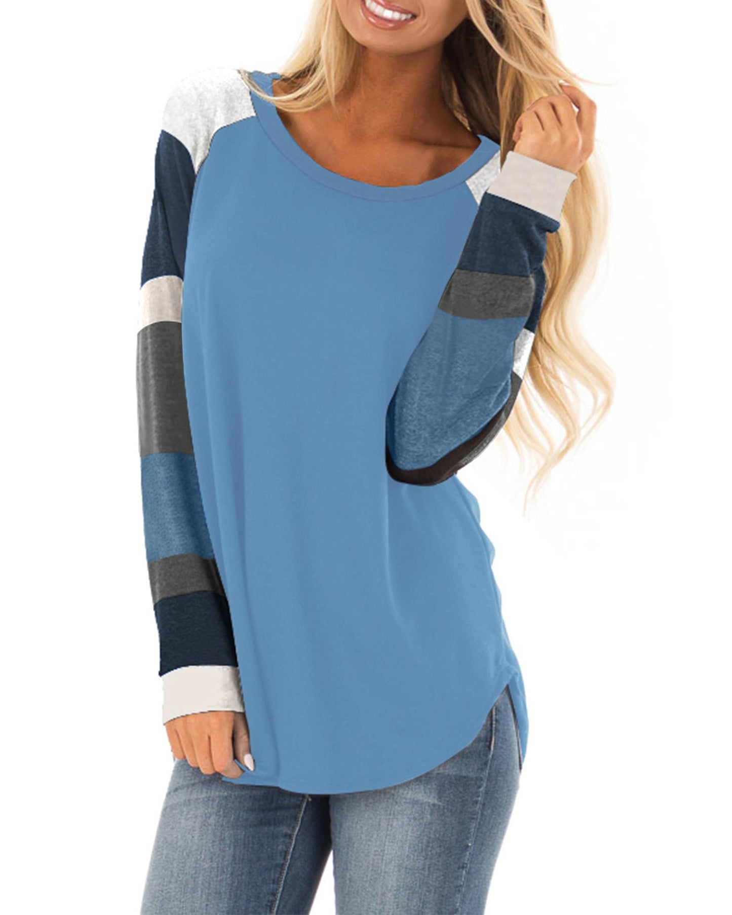 Azura Exchange Blue Color Block Long Sleeves Pullover Top - S