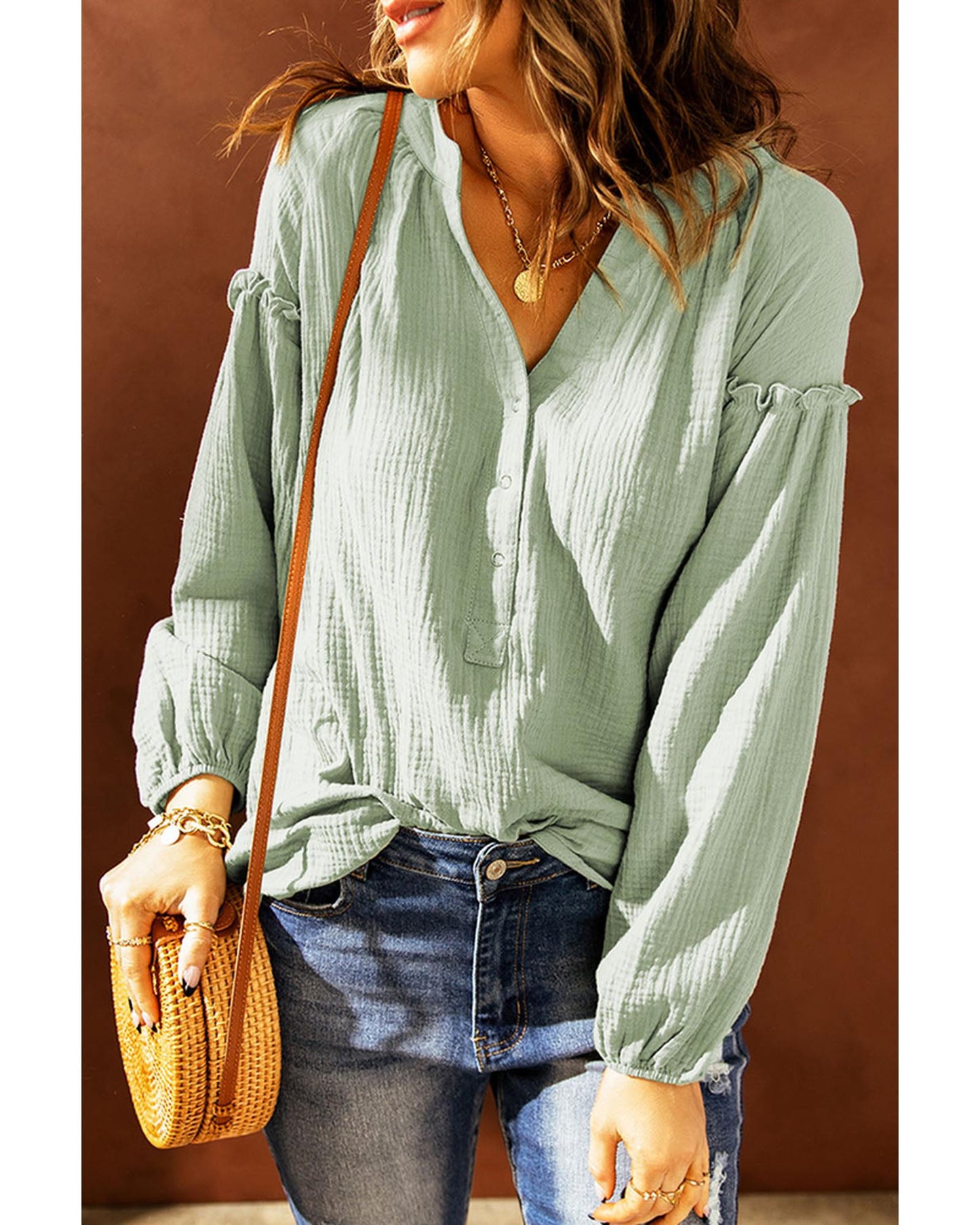 Azura Exchange Balloon Sleeve Crinkled Top - L