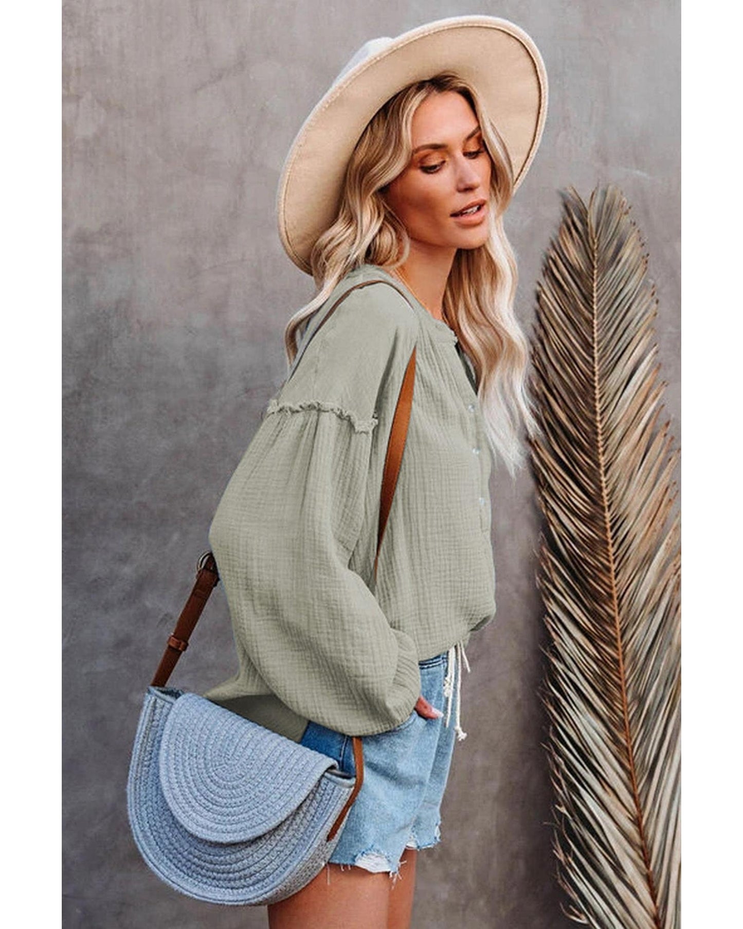 Azura Exchange Balloon Sleeve Crinkled Top - M