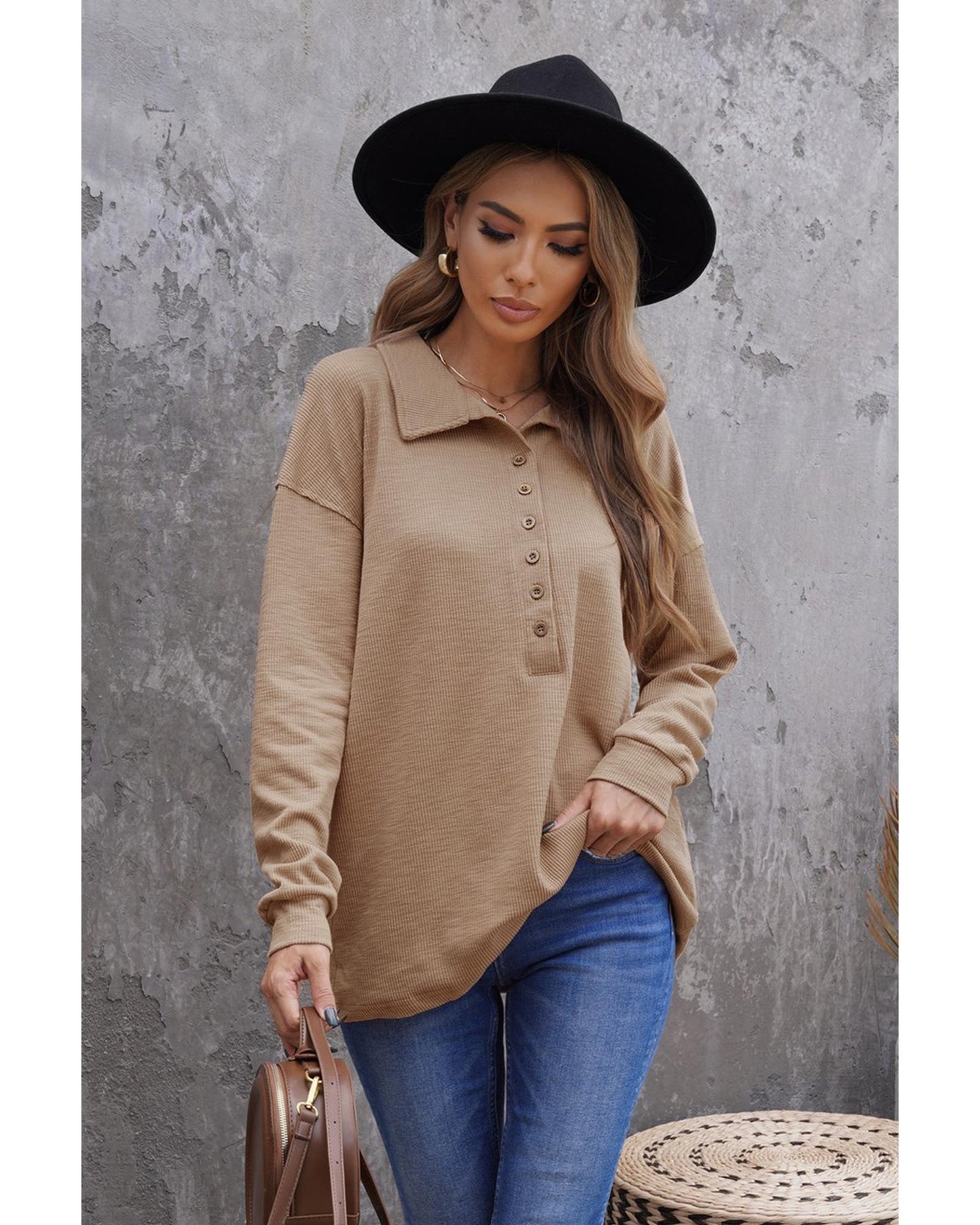 Azura Exchange Button Front Turn-down Neck Knit Top - M