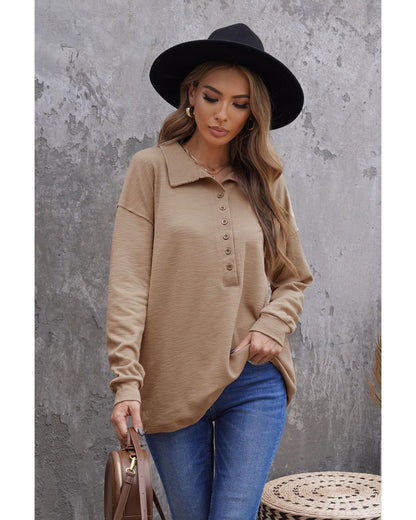 Azura Exchange Button Front Turn-down Neck Knit Top - M