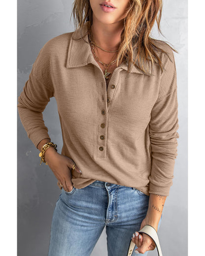 Azura Exchange Button Front Turn-down Neck Knit Top - M