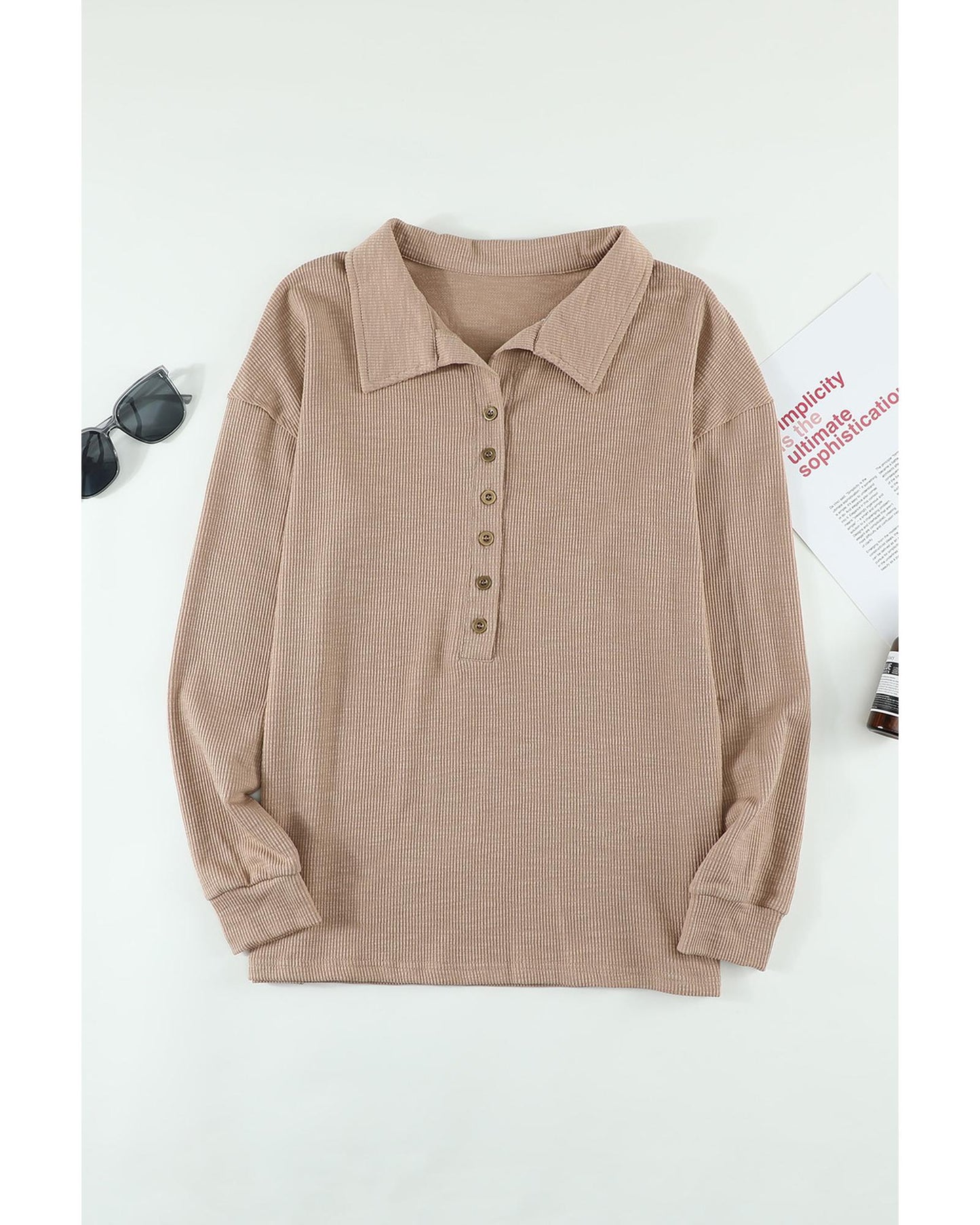 Azura Exchange Button Front Turn-down Neck Knit Top - M