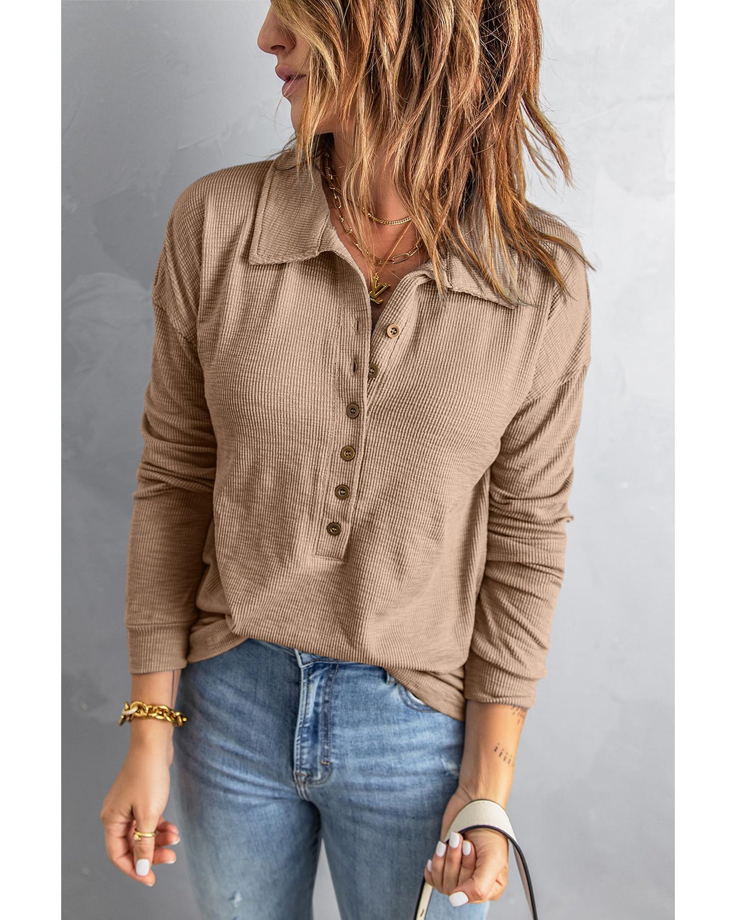 Azura Exchange Button Front Turn-down Neck Knit Top - S