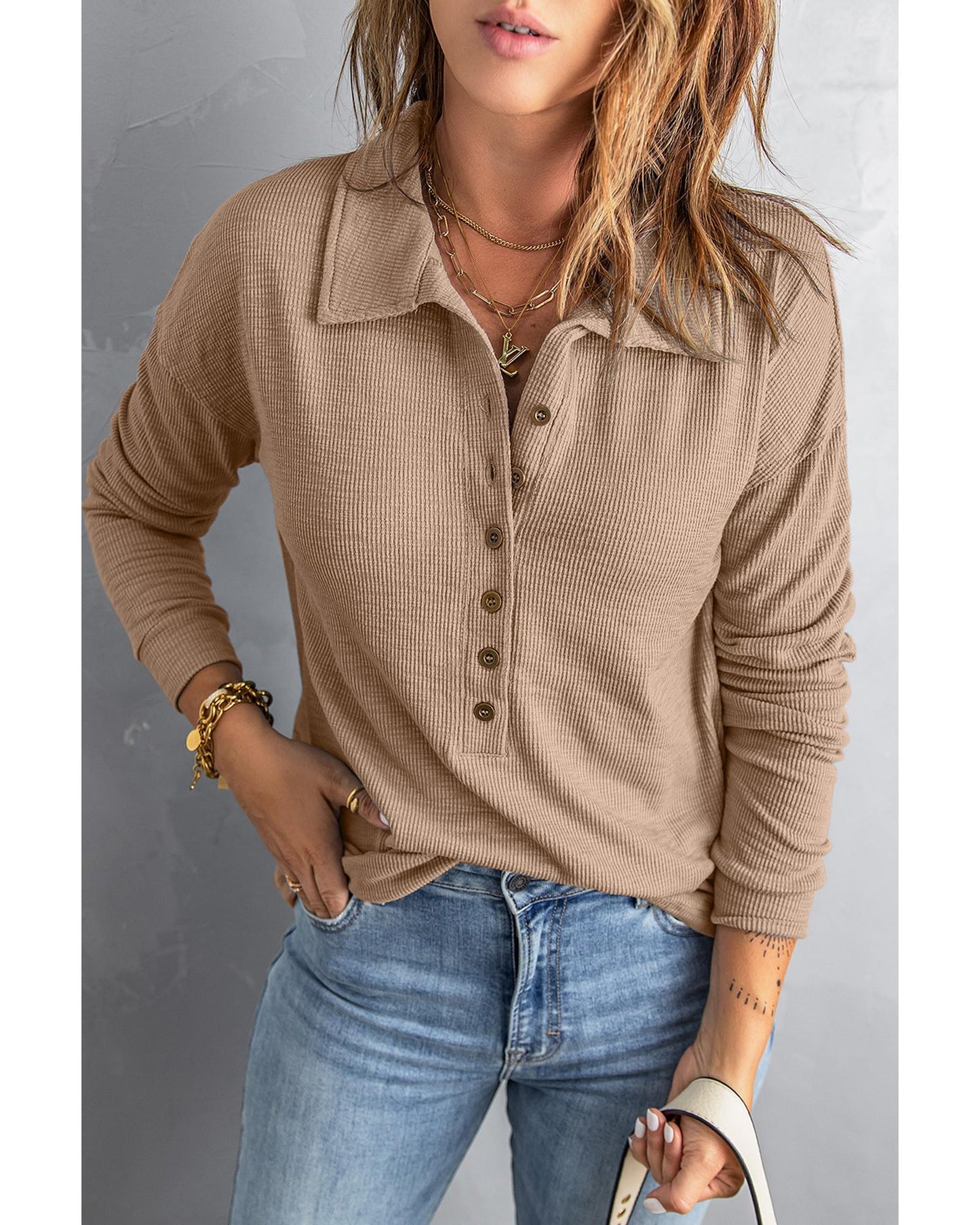 Azura Exchange Button Front Turn-down Neck Knit Top - S