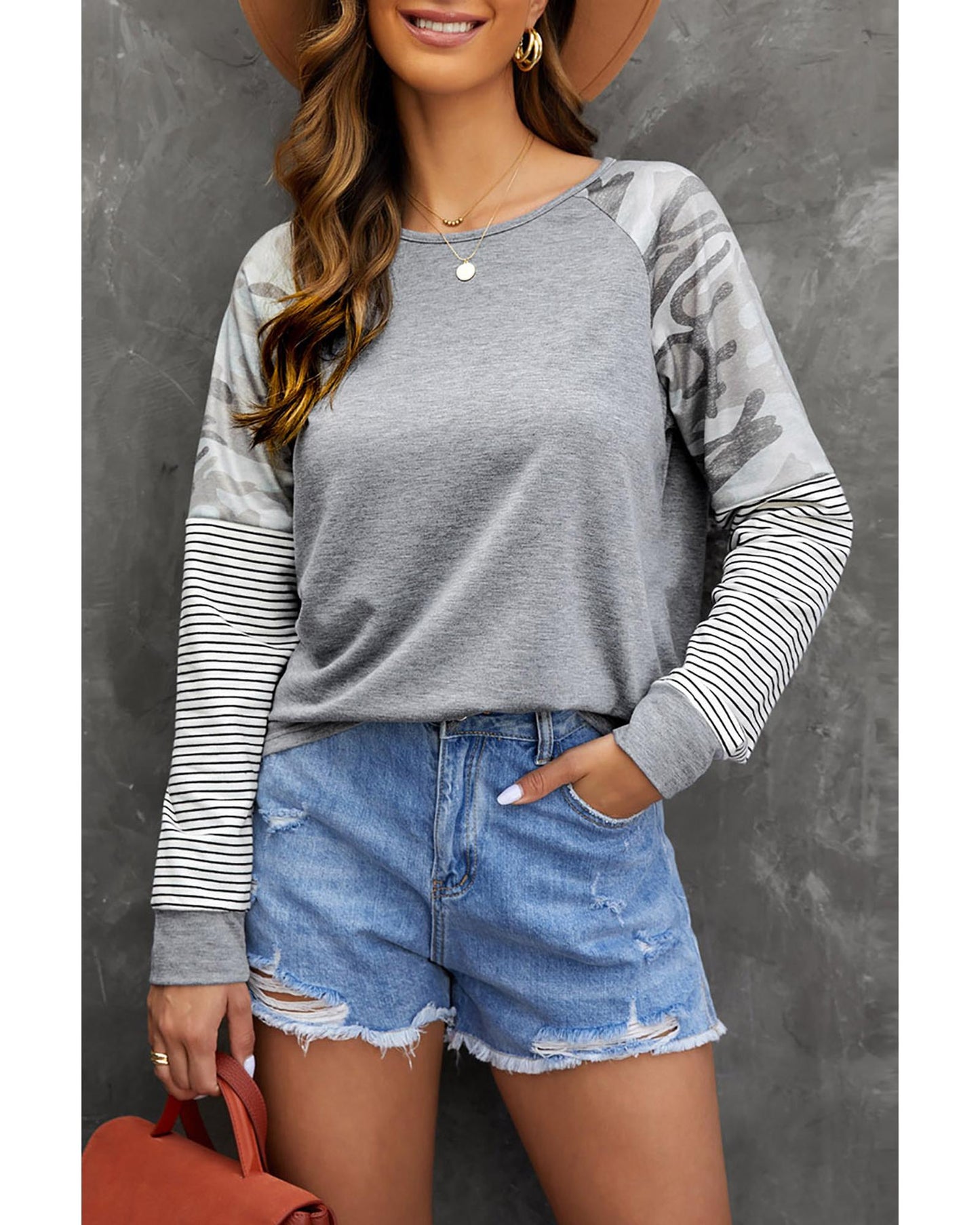 Azura Exchange Camo Striped Patchwork Top - M