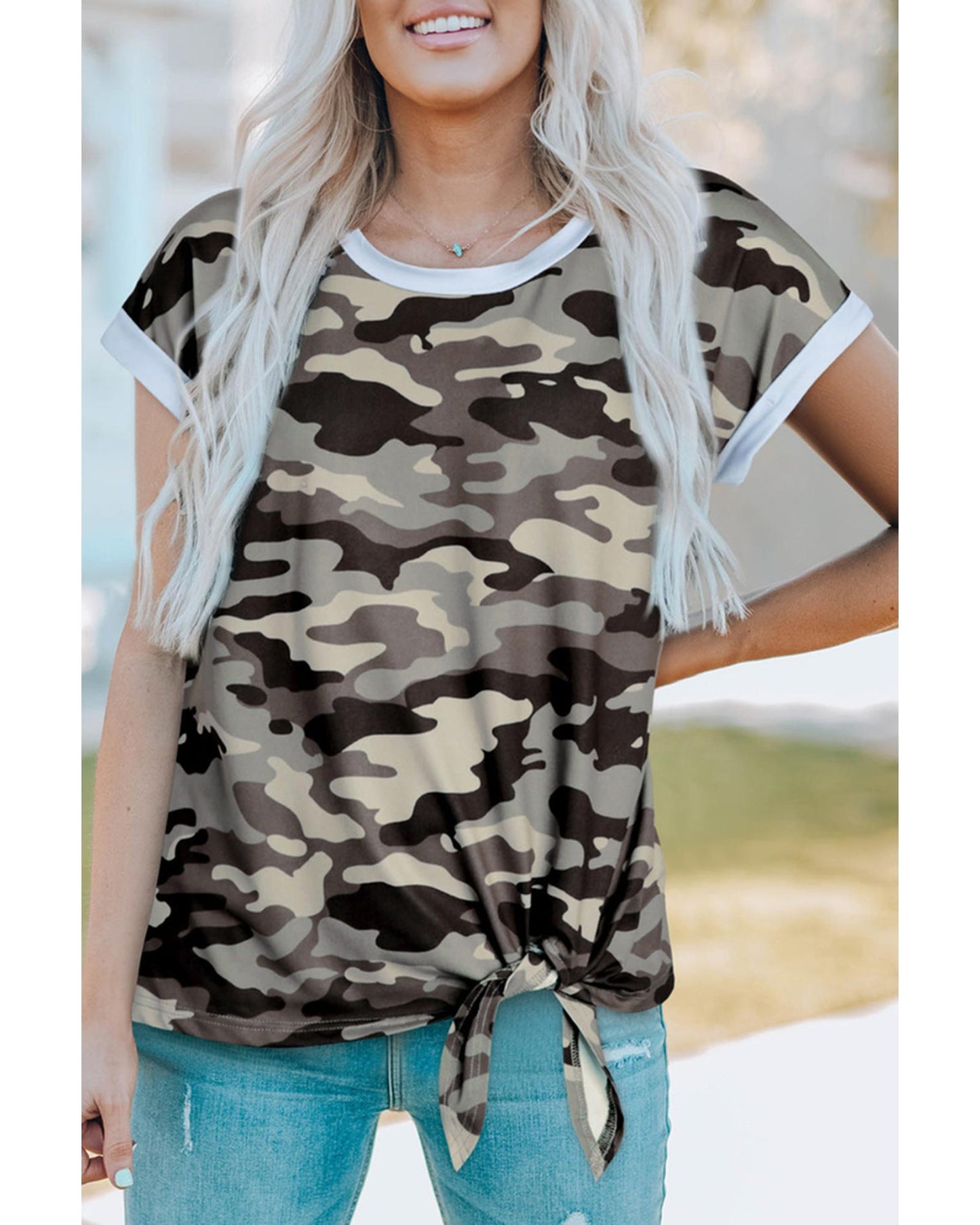 Azura Exchange Camo Print Knotted Hem T-shirt - L