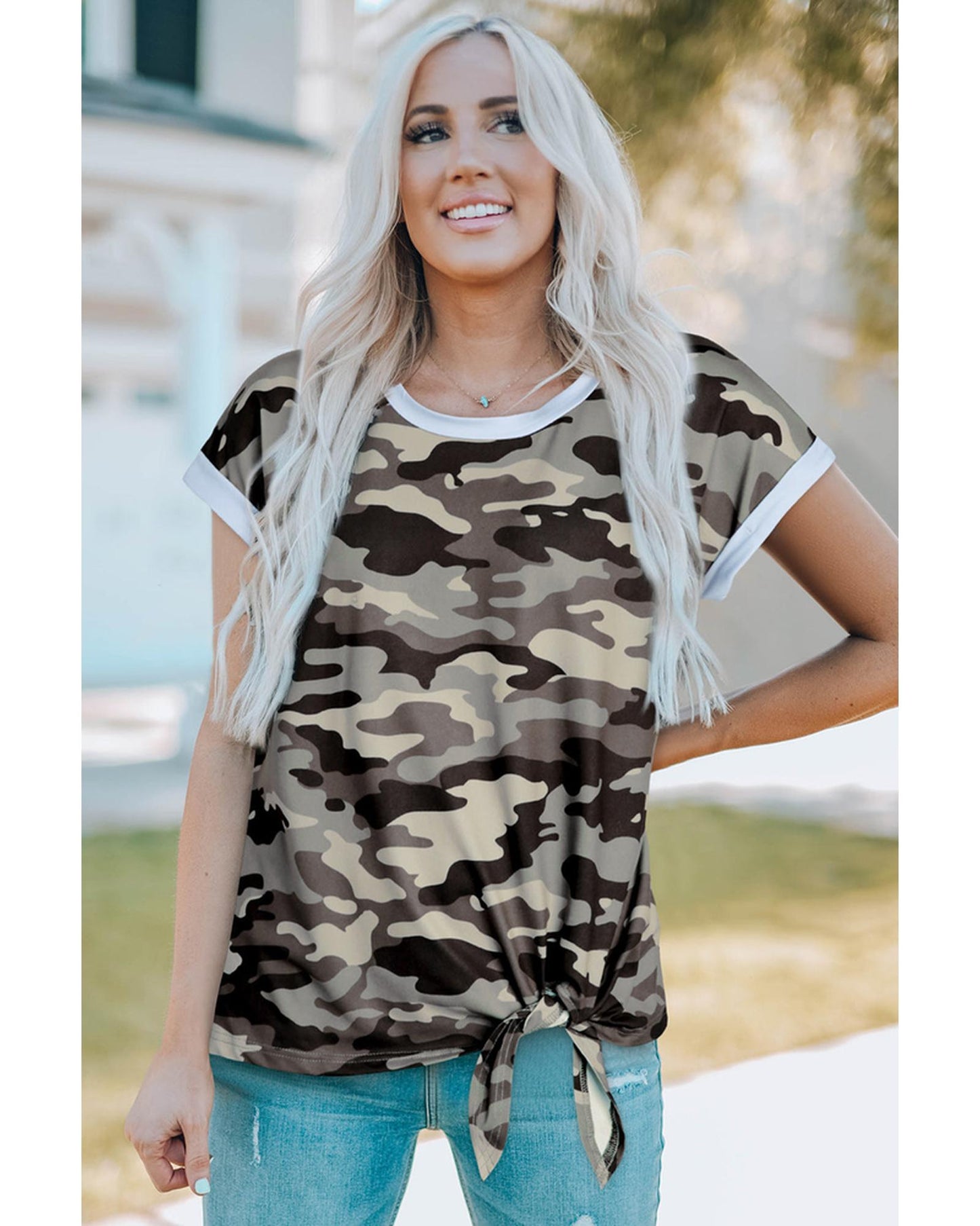 Azura Exchange Camo Print Knotted Hem T-shirt - S