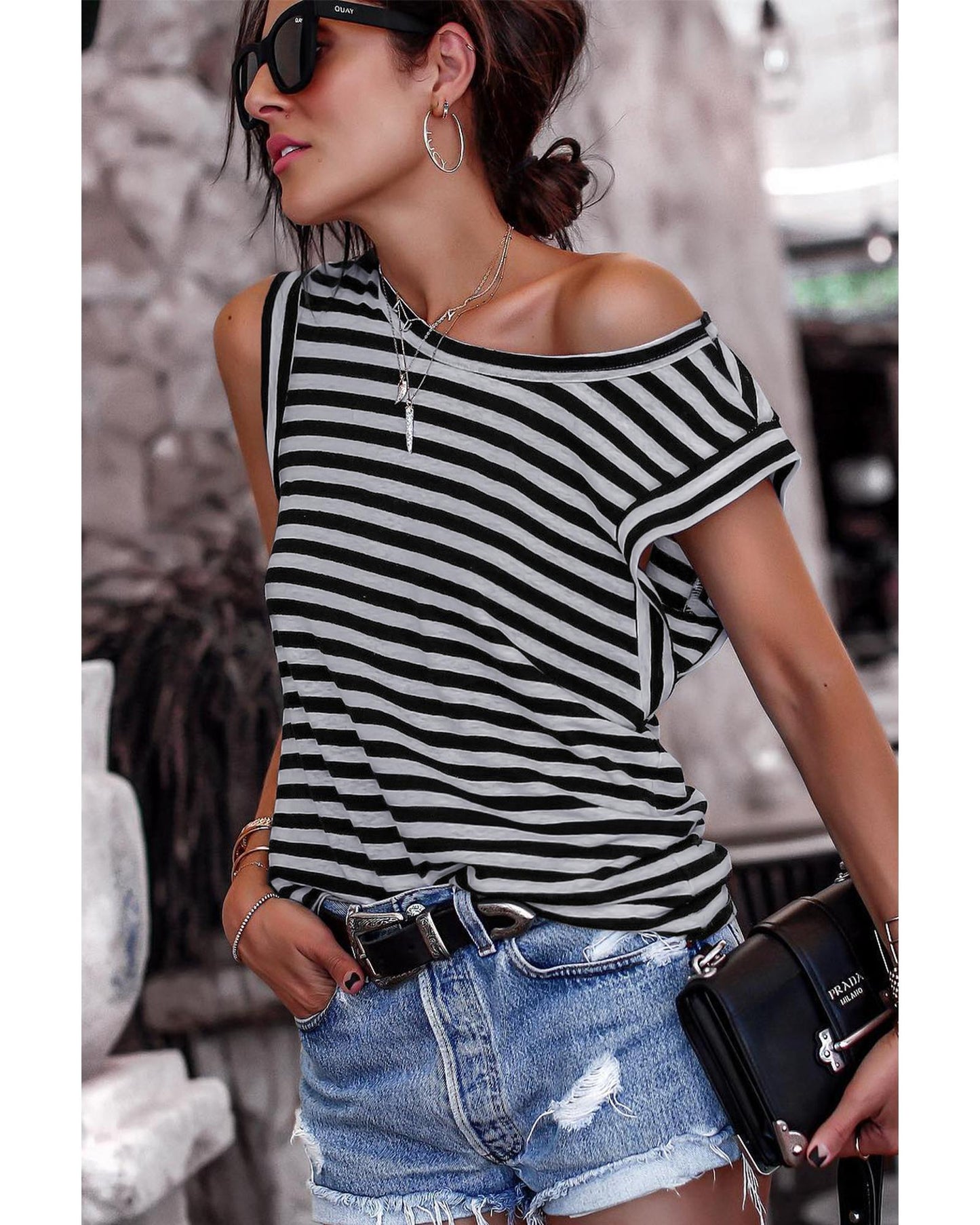 Azura Exchange Butterfly Sleeve Striped T-Shirt - XL