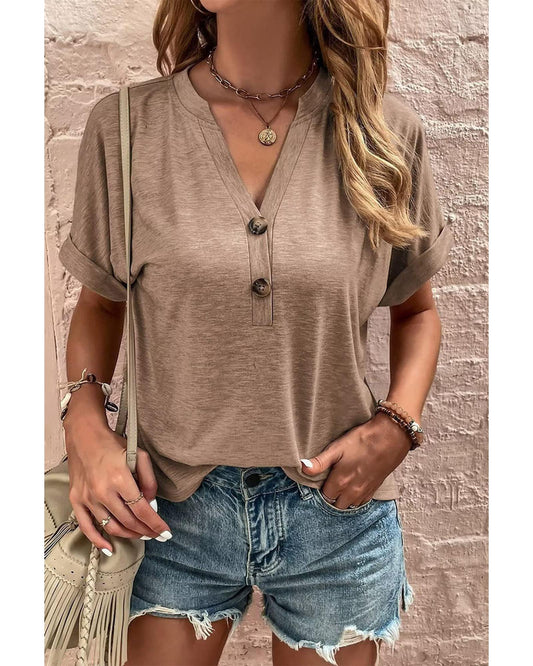 Azura Exchange Button V Neck Rolled Short Sleeve T Shirt - L