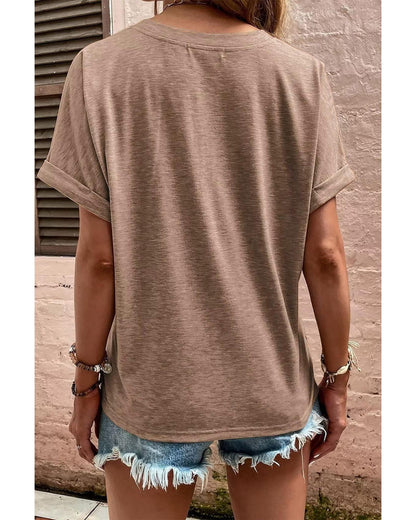 Azura Exchange Button V Neck Rolled Short Sleeve T Shirt - L