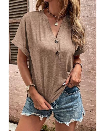 Azura Exchange Button V Neck Rolled Short Sleeve T Shirt - XL