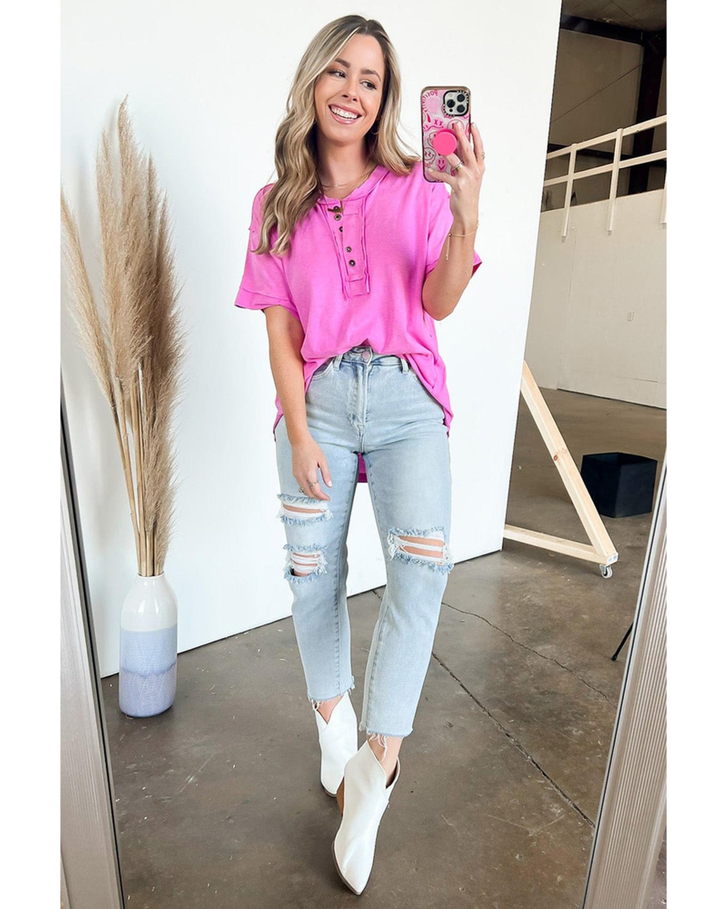 Azura Exchange Button Henley Top - L