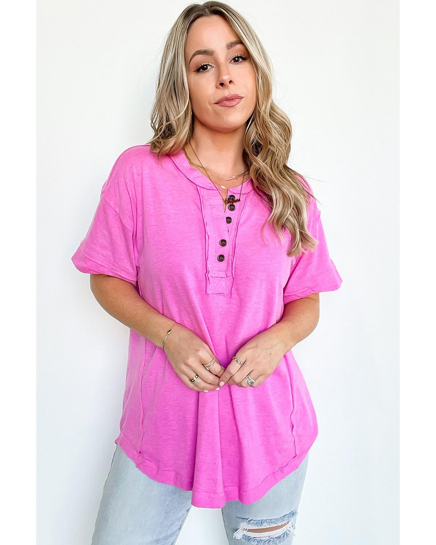 Azura Exchange Button Henley Top - L